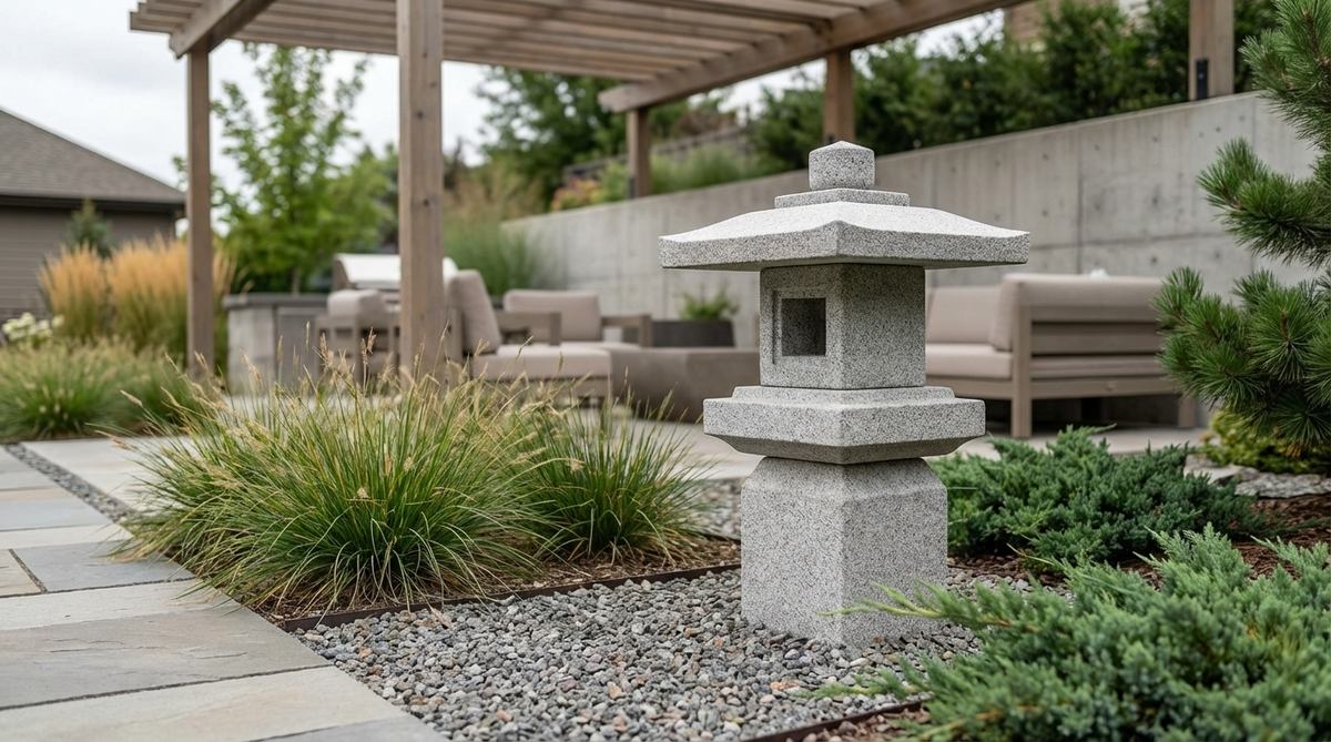 A contemporary abstract interpretation of a Japanese stone garden lantern, featuring clean geometric volumes in precisely cut granite. This minimalist design captures essential proportions while eliminating traditional ornamental details, making it suitable for modern landscapes, urban gardens, and commercial projects seeking Japanese cultural influence without historical replication.