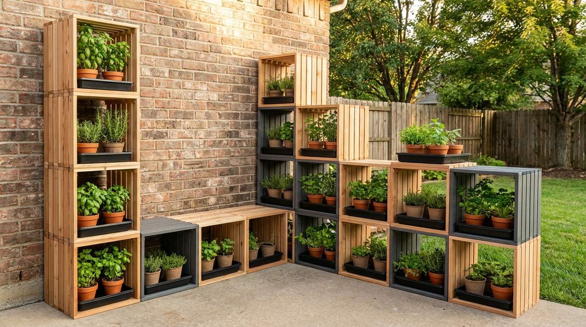 A flexible modular cube system designed for renters, featuring interlocking plastic or wooden cubes that can be stacked into shelves, towers, or low benches for growing herbs. The cubes are arranged along a wall with waterproof trays and individual pots, allowing for easy seasonal reconfiguration and optimal plant placement based on sun intensity.