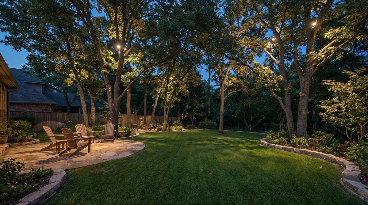 Downlights mounted in trees casting natural-looking dappled shadows similar to moonlight filtering through branches, creating ambient glow without obvious fixtures. Install fixtures 15-20 feet high on wide beam settings aimed downward at 30-45 degree angles to wash light across lawn or patio areas.