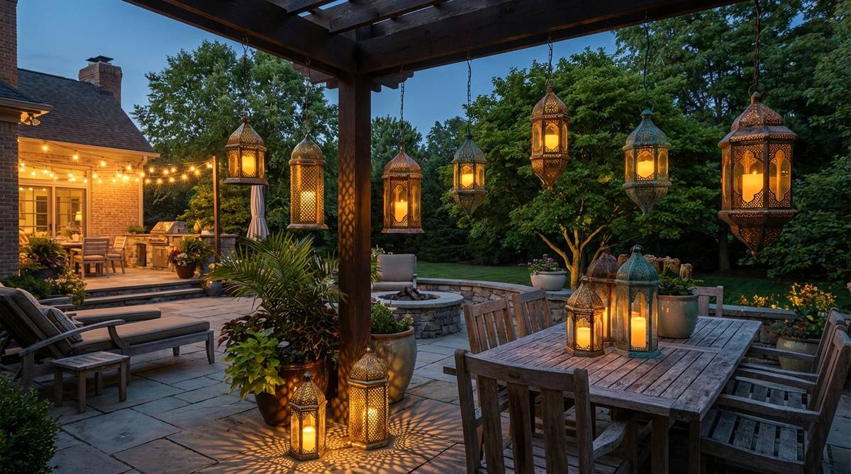 Pierced metal Moroccan lanterns casting intricate geometric shadow patterns when illuminated, hanging from pergola beams or placed on garden tables with LED candles for safety. Features aged brass and verdigris copper finishes for a collected boho appearance.