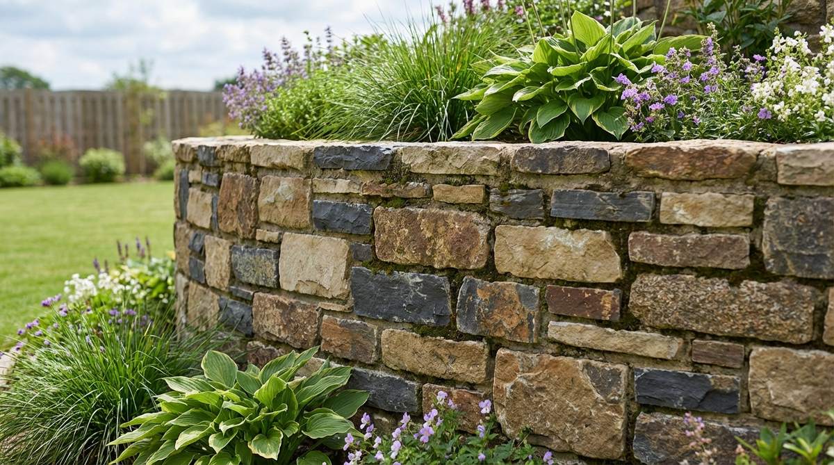 A close-up view of a raised garden bed wall featuring a mosaic pattern with mixed stones like limestone, slate, and granite, showcasing color and texture variations for enhanced visual appeal in garden design.