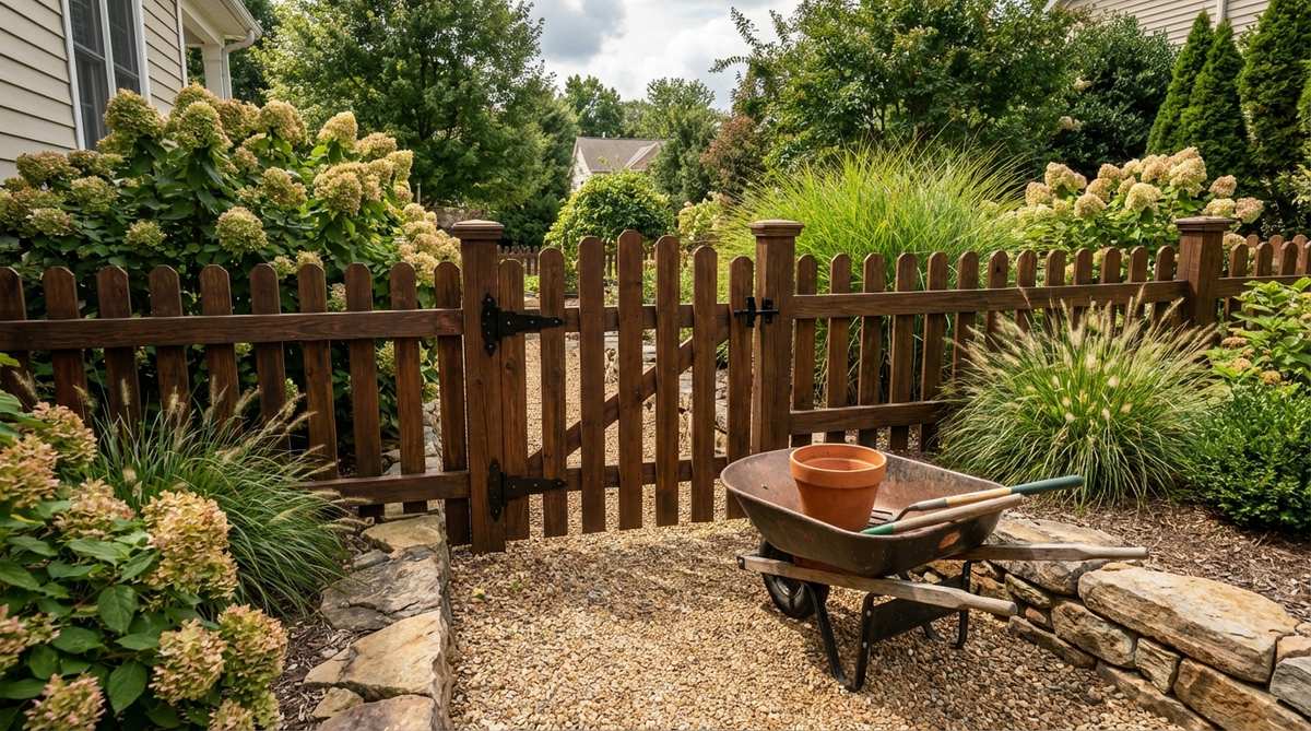 A narrow profile single gate measuring three feet wide, designed for small garden fences. This compact gate accommodates standard pedestrian access and wheeled garden equipment like mowers and wheelbarrows while minimizing footprint and swing radius. The gate features materials matching adjacent fencing for visual continuity and includes self-closing hinges for security and wind protection.