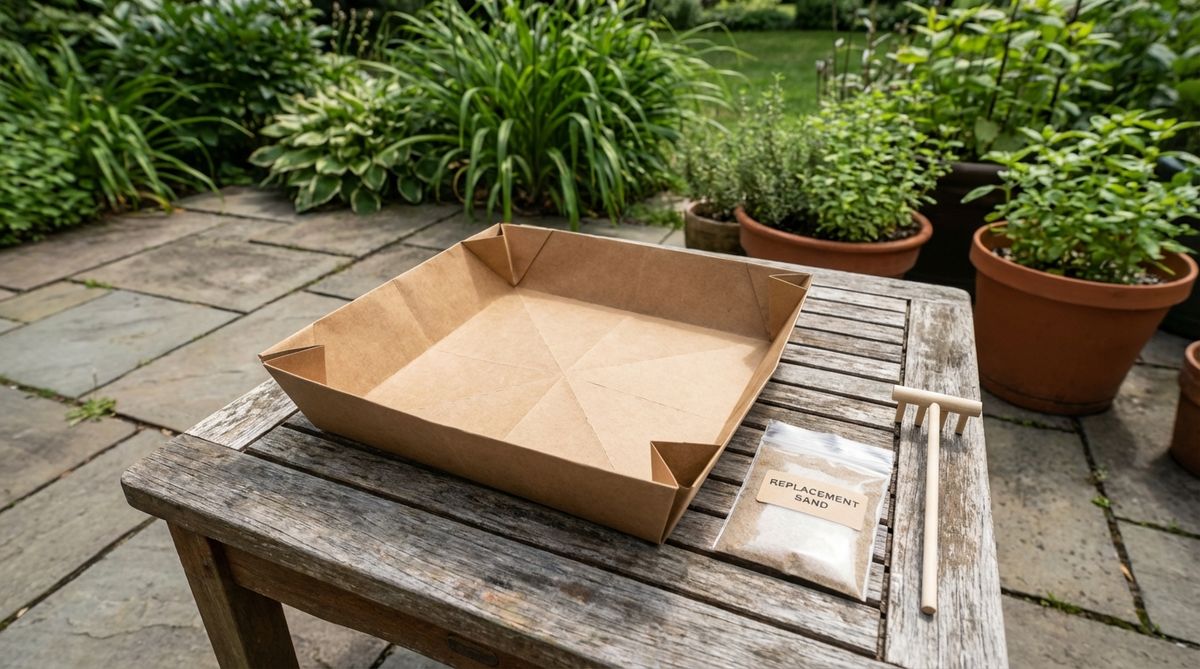 A disposable, biodegradable origami paper tray kit designed for mini zen gardens, featuring pre-scored waterproof paper that folds easily into a temporary tray for travel, allowing users to avoid carrying sand through security checkpoints and purchase replacement sand at their destination.