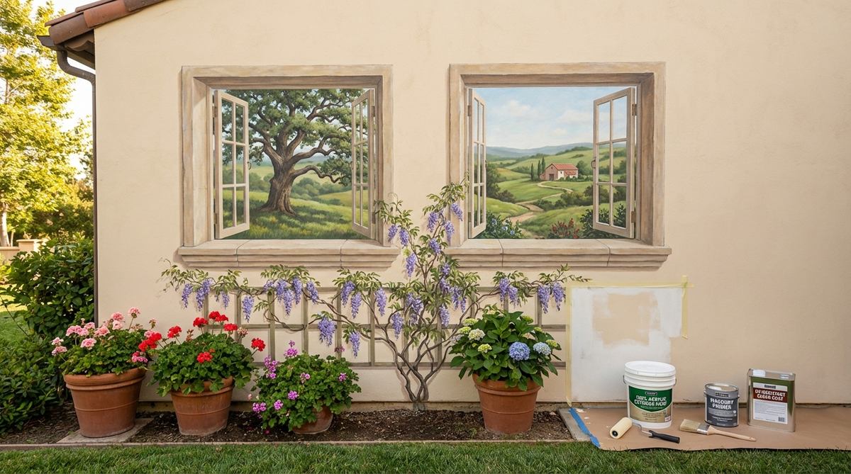 Custom painted mural art transforming an outdoor wall into a personalized artistic statement with trompe l'oeil windows, landscape vistas, or abstract designs that complement garden themes. Shows proper surface preparation with cleaning, priming using masonry primer, and application of 100% acrylic exterior paints, with UV-resistant clear coat sealing to protect colors from fading.