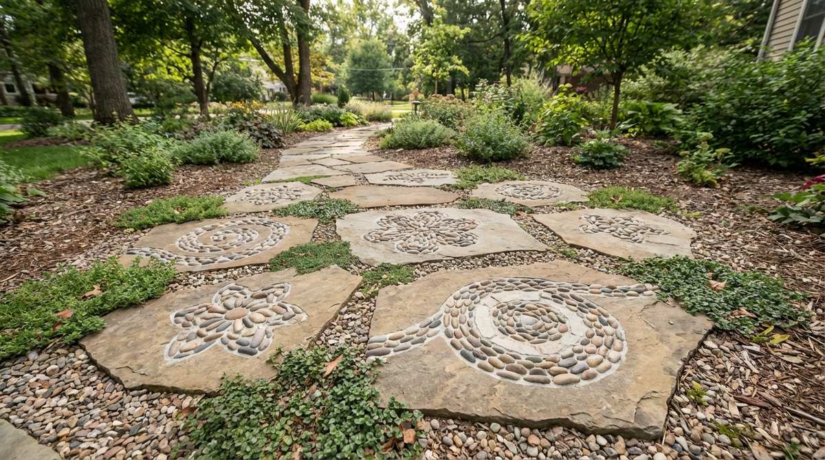 A close-up view of decorative stepping stones with intricate pebble mosaic inlays, showcasing detailed patterns like spirals or flowers set in mortar within stone borders. This functional garden art adds craftsmanship and visual interest to pathways.