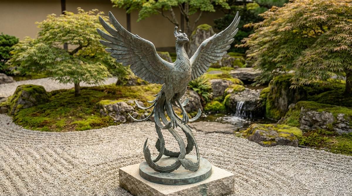 A dynamic bronze phoenix sculpture with outstretched wings and flowing tail feathers, mounted on a pedestal in a zen garden. The sculpture symbolizes renewal, transformation, and rising above difficulties, with flame-inspired forms in the tail feathers referencing fire and rebirth.