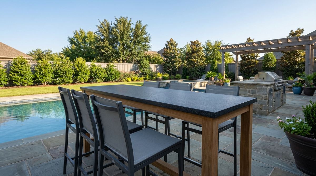 A contemporary garden table and chairs setup featuring a narrow bar-height table with water-resistant, non-slip surface and quick-dry mesh stools, positioned poolside for socializing and serving during pool parties.