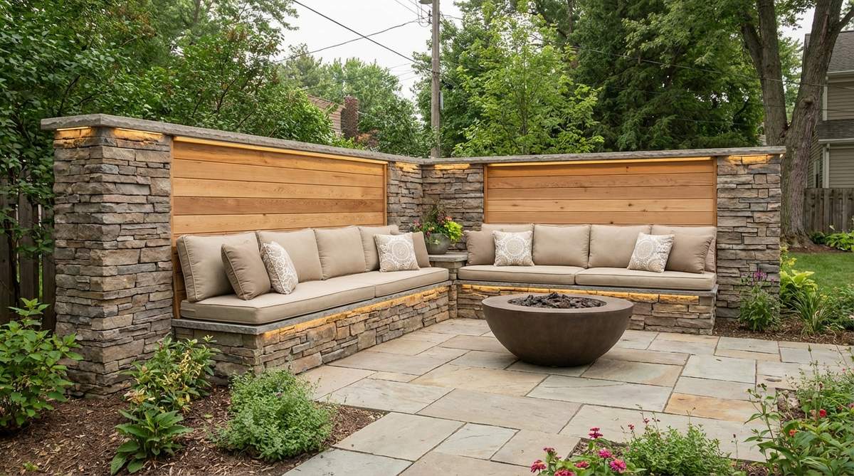 A dual-purpose 42-inch privacy wall with built-in bench seating for outdoor patio decor, featuring thick cushions, integrated lighting, and a design that enhances property value while providing functional seating and boundary definition.