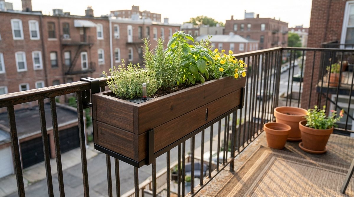 A railing-mounted planter box with adjustable brackets, ideal for urban balconies. It features a self-watering design with a reservoir and drainage system, measuring 24-36 inches long to hold herbs or flowers without using floor space.