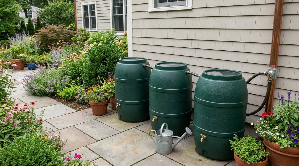 A decorative rain barrel system connected to a downspout with diverter valve, showing spigot access for watering cans and screened openings to prevent mosquitoes. Multiple barrels positioned to maximize rainwater collection for terrace garden irrigation.
