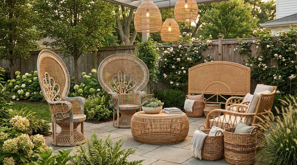 A collection of rattan and wicker furniture pieces, such as chairs, tables, headboards, and storage items, showcasing natural materials that add visual warmth and texture to boho decor. Includes peacock chairs for statement seating, rattan pendant lights, and wicker baskets, with a mix of natural and painted finishes to enhance tropical resort vibes.