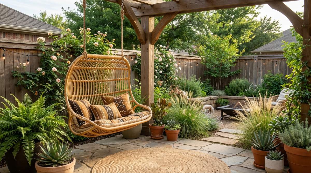 A rattan hanging swing chair suspended in a bohemian garden setting, featuring natural honey and caramel tones with mudcloth cushions, ideal for relaxation and enhancing the earth-tone palette of Afro Boho decor.