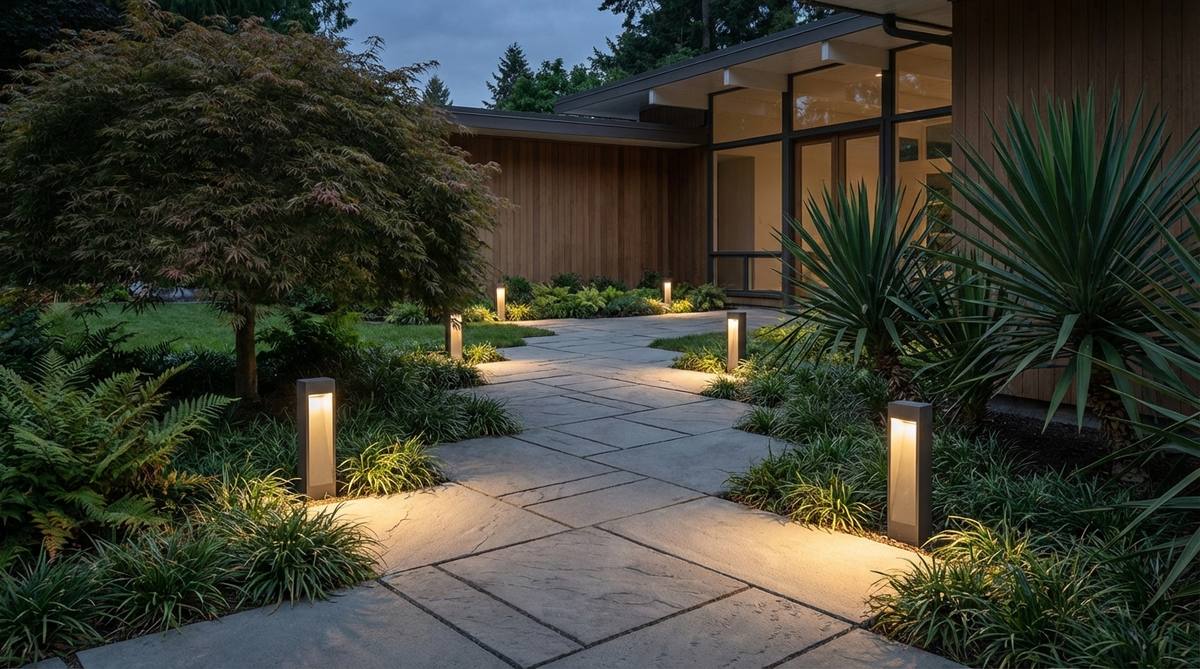 Flush-mounted recessed LED path lighting fixtures installed along a garden walkway in a mid century modern style. Warm white LEDs (2700-3000K) provide safe navigation while maintaining a clean, geometric aesthetic that coordinates with paving patterns. The downward-aimed beams minimize light pollution and glare, creating an inviting ambiance for evening garden enjoyment.