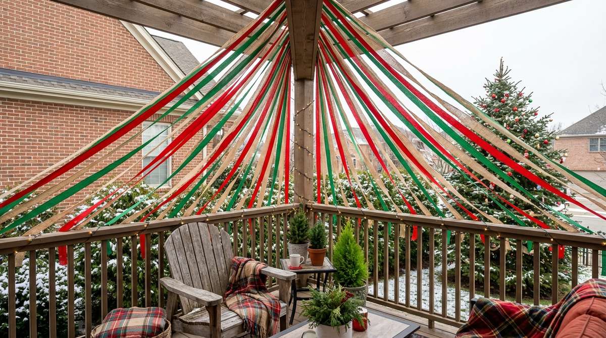 A festive balcony Christmas decor featuring a ribbon streamer ceiling treatment, where coordinating ribbons in alternating colors are gathered at a central ceiling point and extended outward to the perimeter, creating a tent-like canopy effect that adds color and movement without solid barriers.