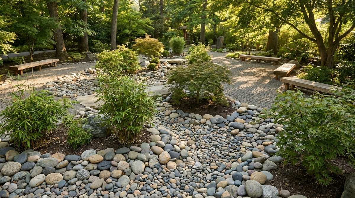 A collection of smooth, rounded river stones in various sizes, from fist to melon, arranged organically in a Zen garden. These stones, worn smooth by water, are positioned in dry stream beds or at the base of bamboo to evoke natural, water-carved landscapes, inviting tactile interaction and enhancing the garden's serene aesthetic.