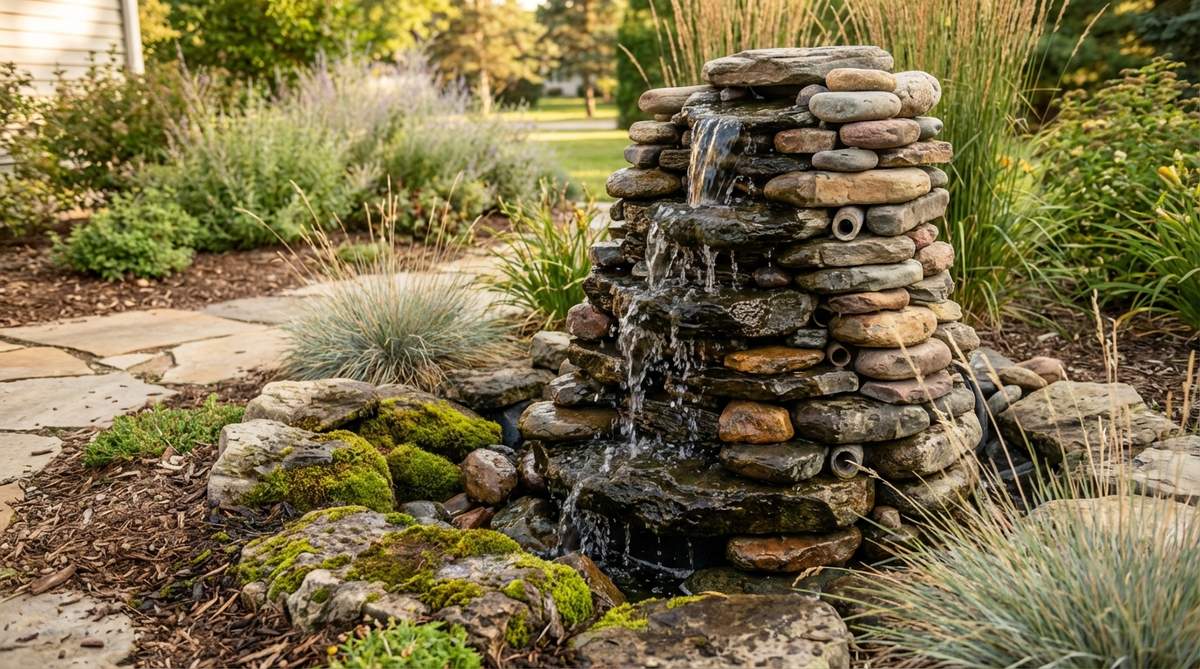 A naturalistic rock fountain made by drilling through flat stones to create a vertical shaft for pump tubing, then stacking them to form a column. Water flows from the top stone and cascades down the exterior surfaces, sourced from landscaping suppliers or river beds with interesting colors and textures. This DIY project takes two to three days and costs around $100, ideal for small garden fountains.
