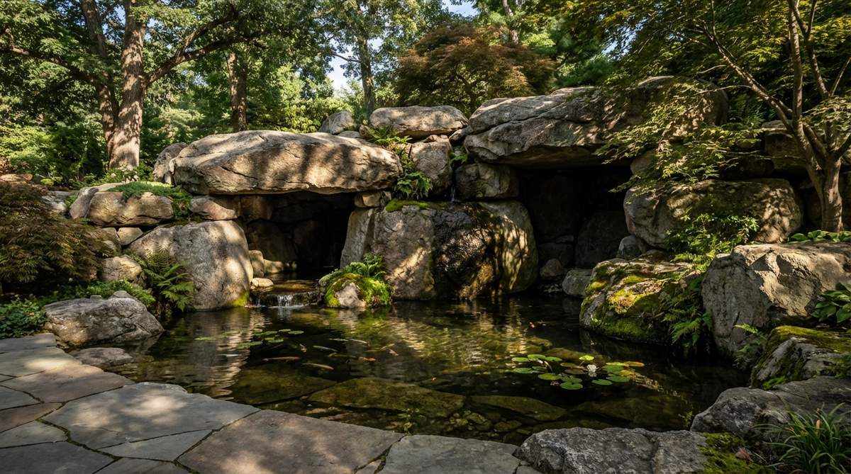 A stone garden feature with large boulders stacked around a pond to form a grotto, creating cave-like overhangs and shadowed recesses that provide habitat for amphibians and fish, with dramatic light contrasts and reflections on the water.