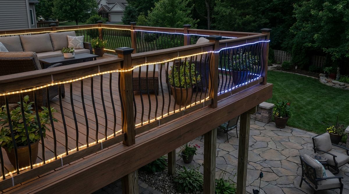 LED rope lights woven through balcony railing balusters, creating subtle perimeter illumination with waterproof tubes secured by transparent cable ties. Shows warm white or RGB lighting options for safety and ambiance.
