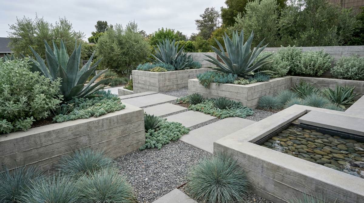 A modern zen garden featuring a harmonious blend of sage green foliage and concrete elements. Blue-green and gray-green plants like agave, sedum, and ornamental grasses create a monochromatic palette that emphasizes form over color. The concrete and foliage tones blend seamlessly, creating a naturally restful and cohesive composition that prioritizes calm over visual stimulation.