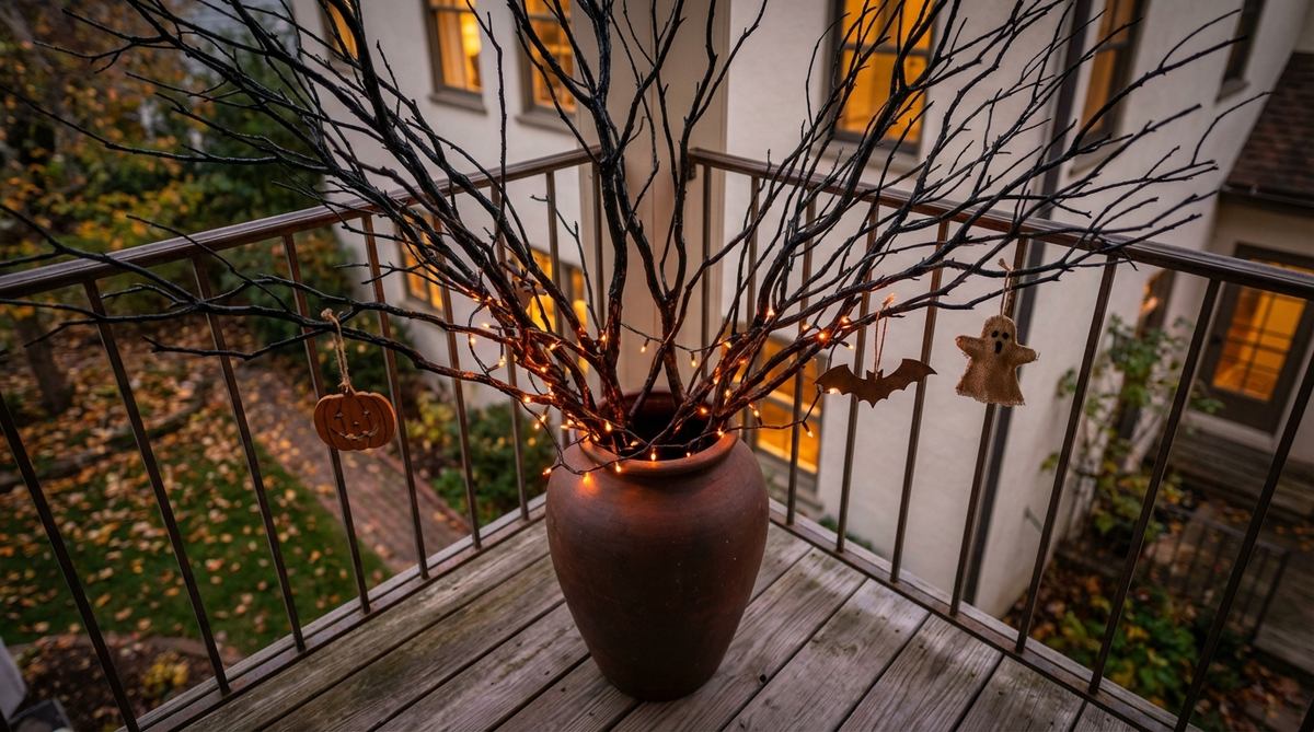 A tall floor vase containing bare black-painted branches with interesting natural curves and forks, creating stark architectural presence on a Halloween balcony. A single strand of orange lights and three hanging ornaments provide seasonal context. The vertical sculpture draws eyes upward and works well in corners with limited floor space, allowing customization by changing hanging elements while maintaining the branch foundation.