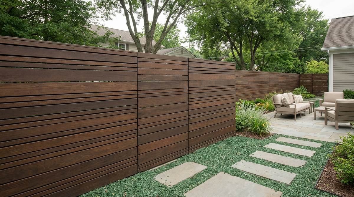 A modern garden fence with a seamlessly integrated gate that blends into the fence pattern, featuring concealed hardware and precise board alignment for a continuous boundary appearance.