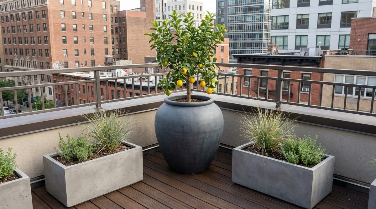 A minimalist urban balcony garden featuring a large decorative container with a striking specimen plant like Japanese maple, dwarf citrus, or ornamental olive as the focal point, surrounded by minimal additional plantings for maximum visual impact in small spaces.