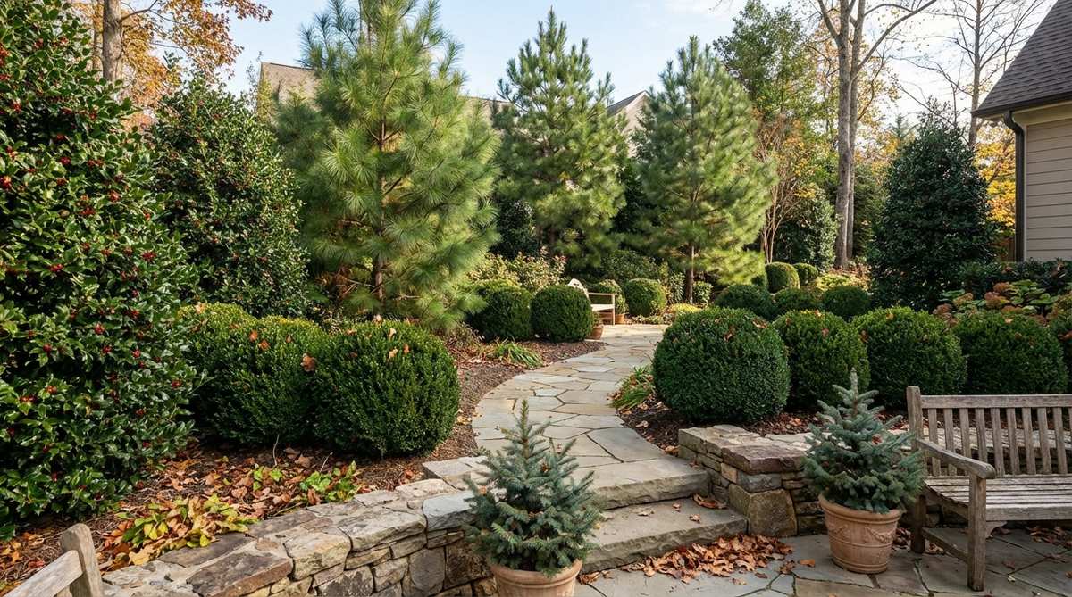 A serene garden scene featuring a structured framework of soft-textured evergreens like boxwood, holly, and pine, with rounded forms and seasonal accents, creating a peaceful and calming outdoor space throughout all seasons.