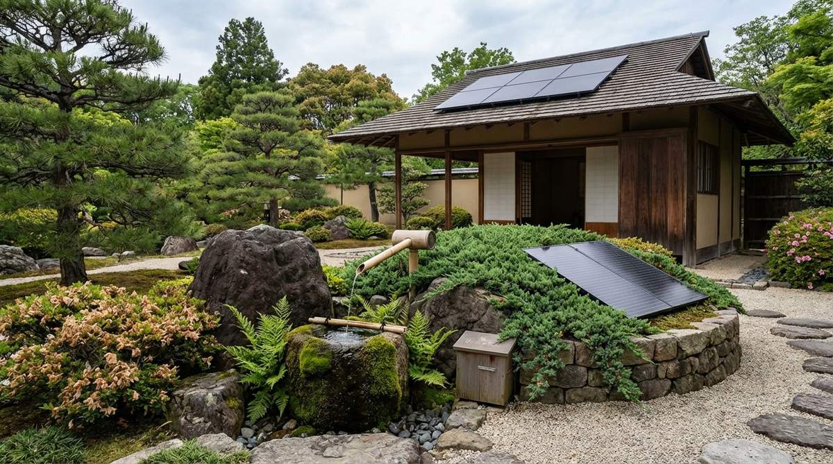 A solar-powered fountain system in a Japanese garden, featuring photovoltaic panels discreetly installed on nearby structures or camouflaged ground installations. The system powers a kakei spout or small waterfall without electrical wiring, with battery backup for continuous water flow during cloudy periods and evenings.