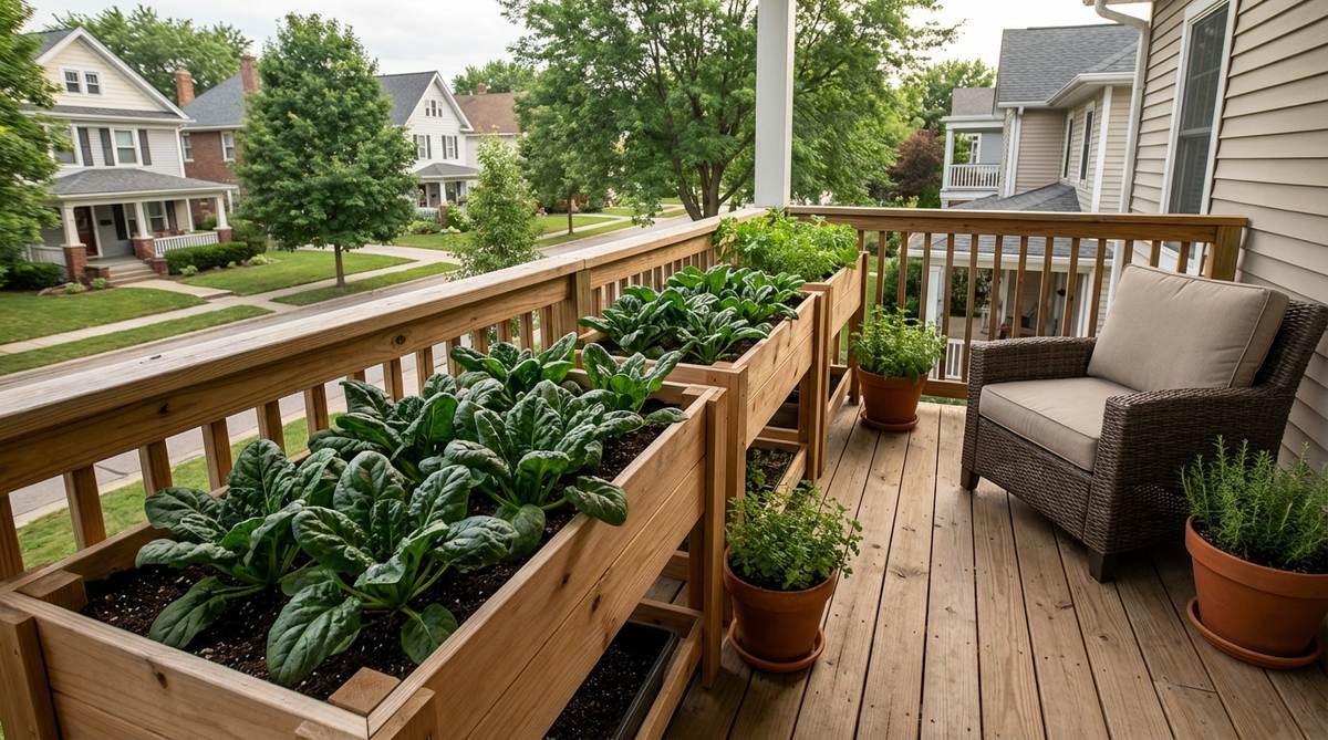 Fresh spinach plants thriving in a balcony container garden, showing healthy green leaves suitable for cool weather cultivation in spring or fall.
