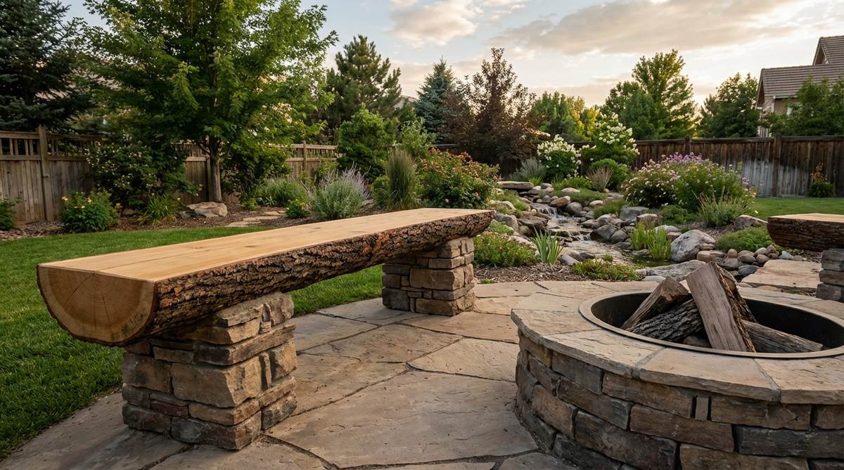 A rustic split log bench seating arrangement, featuring half-logs mounted on simple supports like stone pillars or timber legs, with a smooth sawn seating surface and rough bark edges for an authentic, organic texture. Ideal for garden views, conversation areas, fire pits, or water features in rustic garden decor.