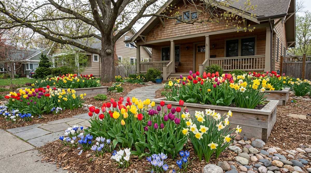 A vibrant display of tulips, daffodils, and crocuses blooming in early spring in a small front garden, showcasing layered planting at varying depths for extended seasonal color.