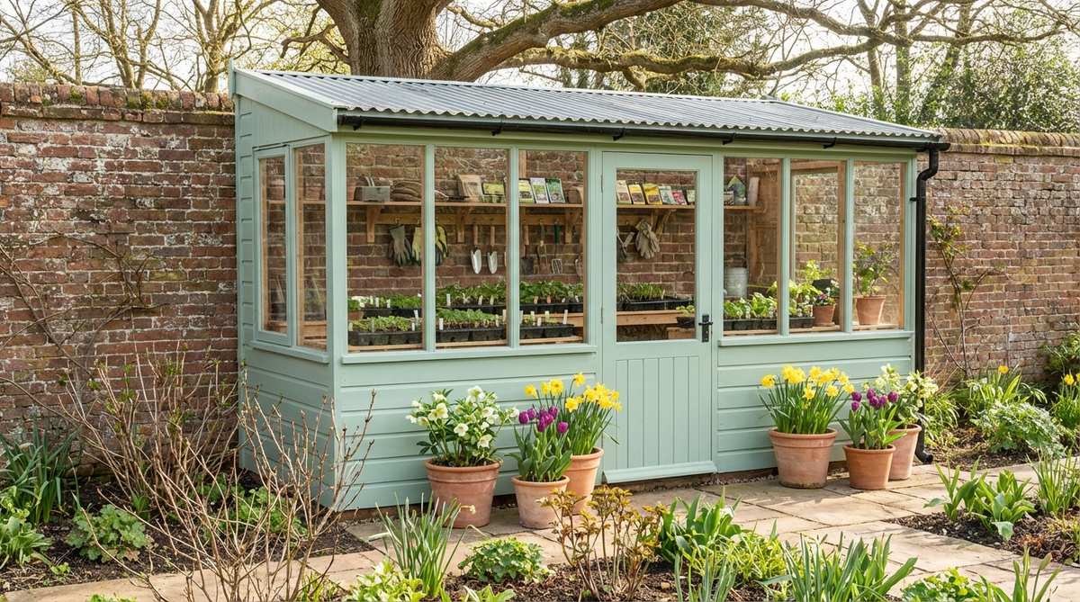 A spring greenhouse potting station with glass panels revealing seedling trays and gardening tools, painted in robin's egg blue or soft mint green pastel colors. Positioned near emerging bulbs and early flowering perennials, it symbolizes new life and botanical awakening during the March to May growing season.