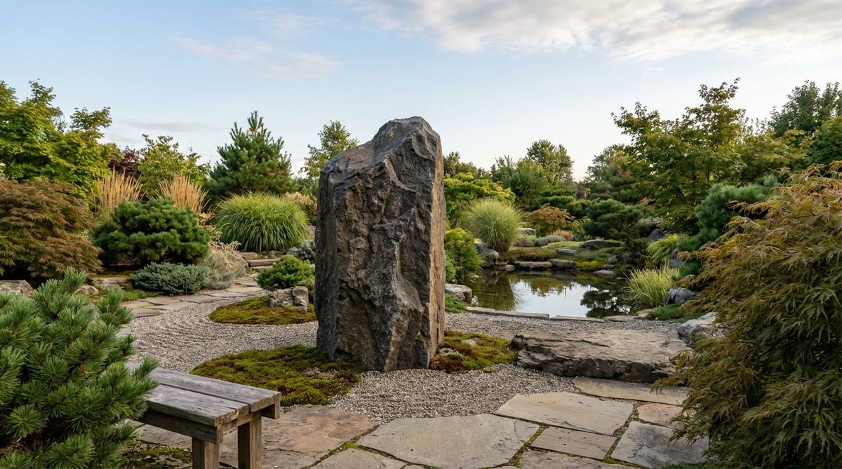 A tall, narrow boulder positioned vertically in a zen garden, standing 4-6 feet above ground level with 40-50% buried for stability. The stone has a flat base and is oriented with its most interesting face toward the primary viewing position, creating visual hierarchy and contrasting with horizontal garden elements.