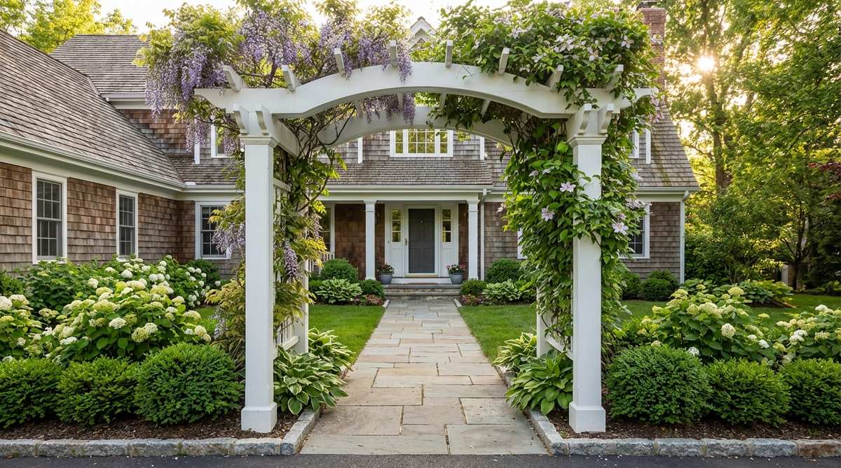 An architectural arbor or small pergola framing a front walkway, creating a focal point and sense of arrival. The structure defines the entry threshold with climbing plants like wisteria, hydrangea, or clematis trained up posts and across the top beam. Materials include painted wood for traditional homes, black metal for modern designs, or natural cedar for rustic styles, sized proportionately to complement the home's architecture.