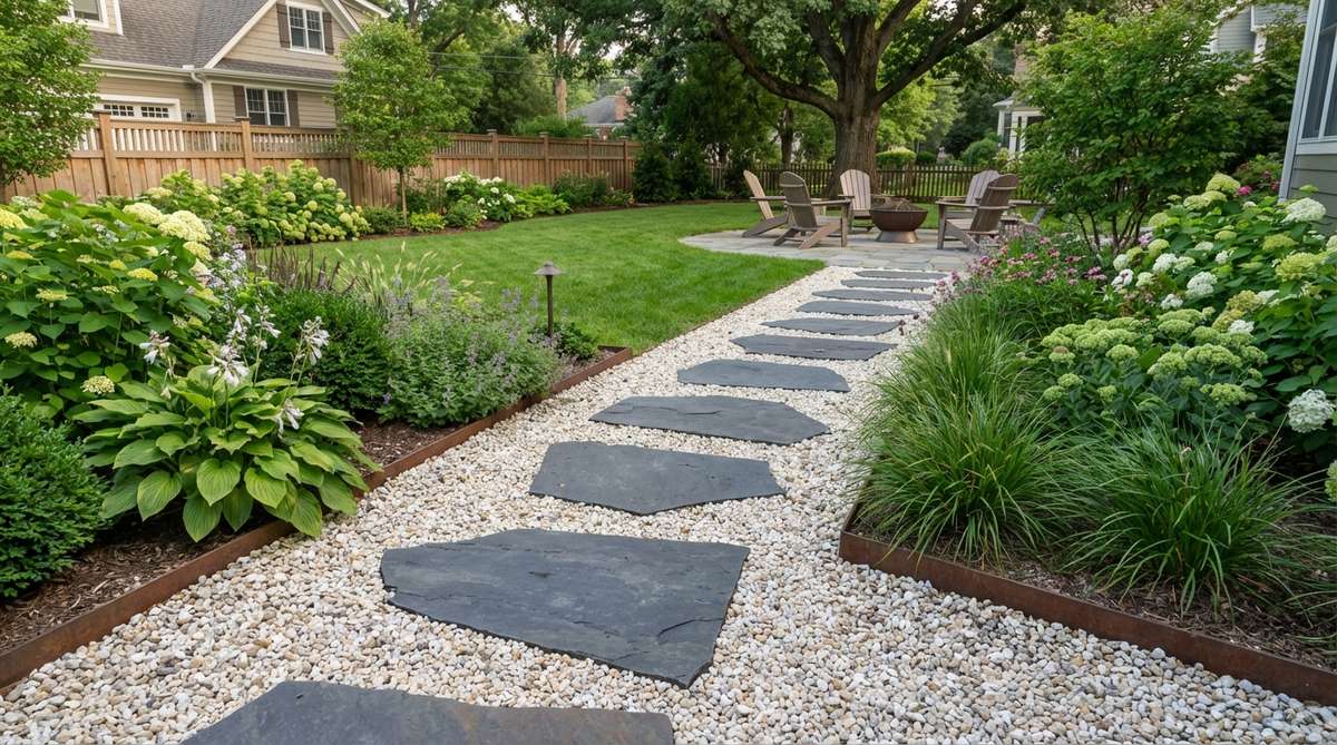 A beautiful garden pathway featuring large stepping stones set in pea gravel, creating an elegant and permeable surface with excellent drainage. The contrasting colors of dark slate stones and white marble gravel provide clear definition, while edge restraints keep the gravel contained. This cost-effective combination offers stable walking surfaces and easy maintenance for upscale garden paths.
