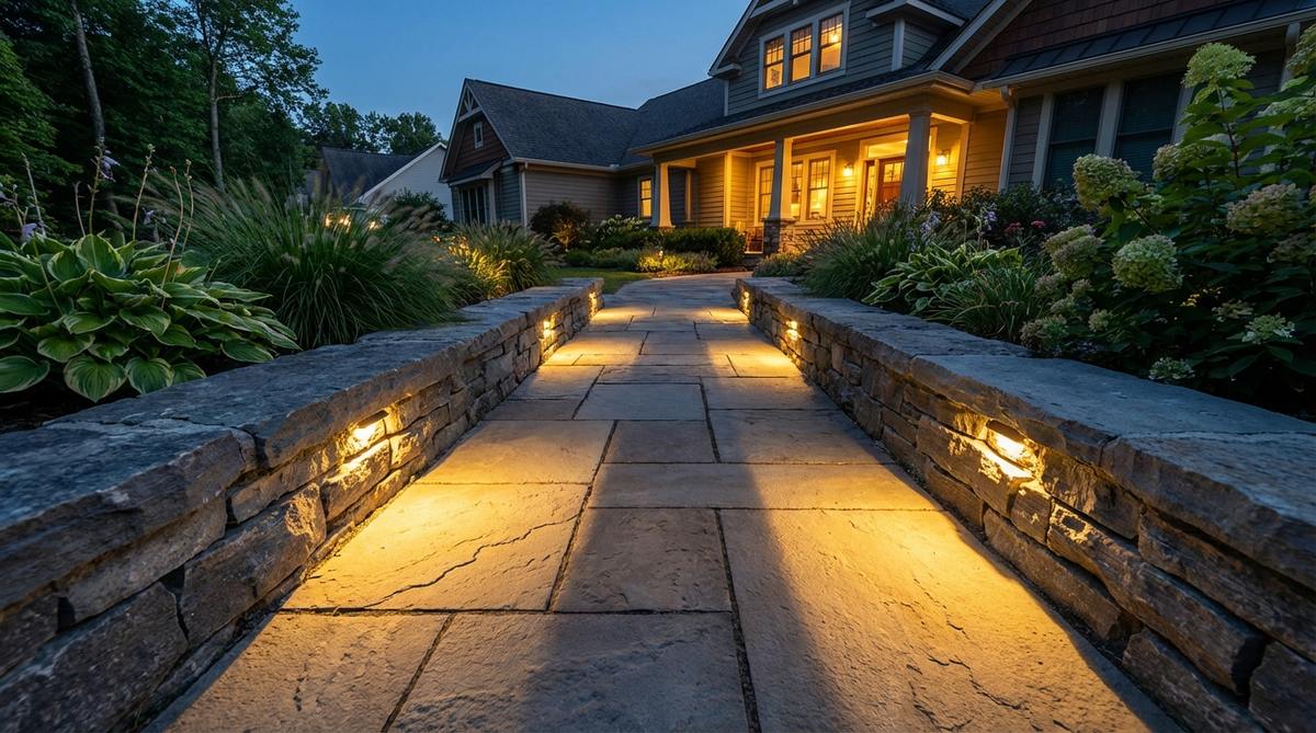 A stone garden border with integrated low-voltage LED lighting illuminating a pathway and highlighting plantings after dark. The LED fixtures are discreetly tucked between stones, creating warm white light and dramatic shadows on the stone surfaces.