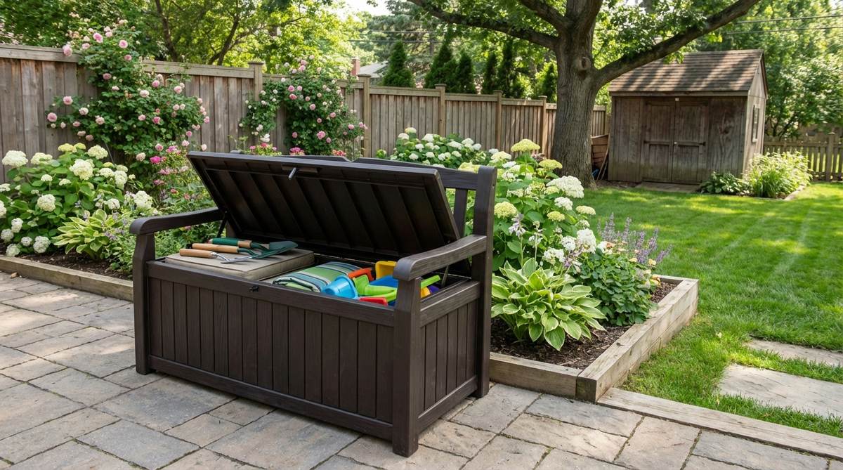 A waterproof outdoor storage bench with a lift lid providing seating and hidden storage for garden tools, cushions, and toys in a small backyard garden design.