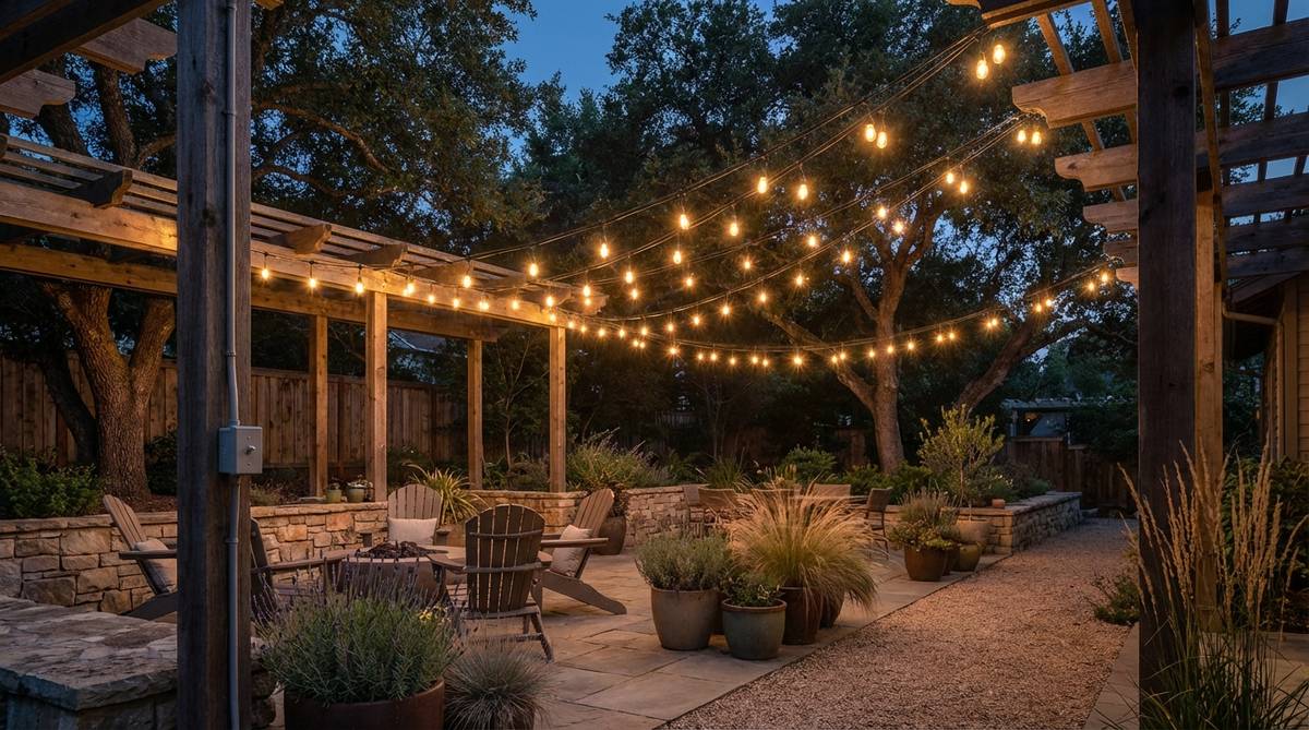 Edison-style string lights suspended in graceful catenary curves create a warm, starfield-like canopy over a small garden courtyard. The soft glow illuminates evening gatherings without harsh brightness, with dimmer switches allowing adjustable intensity for different activities.