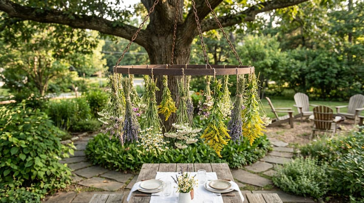 A suspended wildflower chandelier made from a circular metal hoop with hanging bundles of mixed fresh and dried wildflowers, ideal for decorating cake tables, bars, or lounge areas at boho weddings.