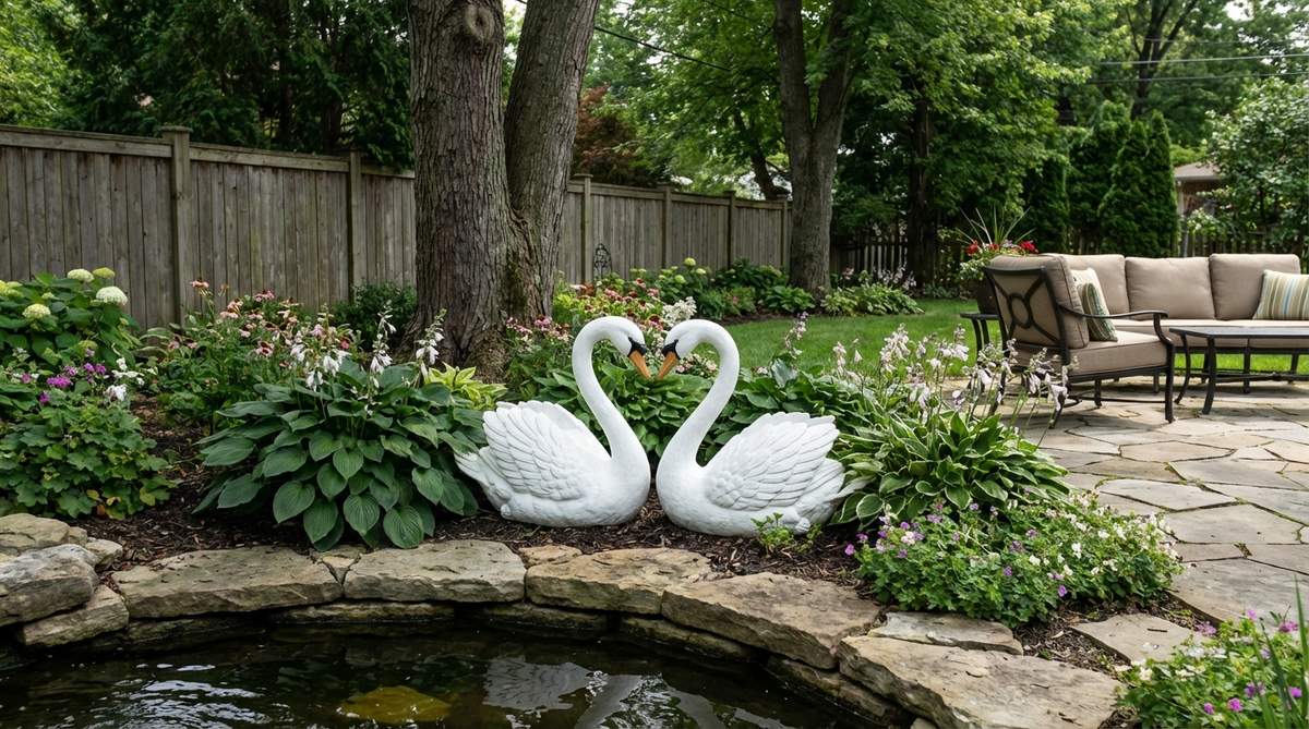 Two white resin swans with curved necks forming a heart shape, symbolizing partnership and grace. Ideal for floating in ponds or as stationary sculptures at water's edge, designed for garden decor with an elegant finish that contrasts against darker backgrounds.