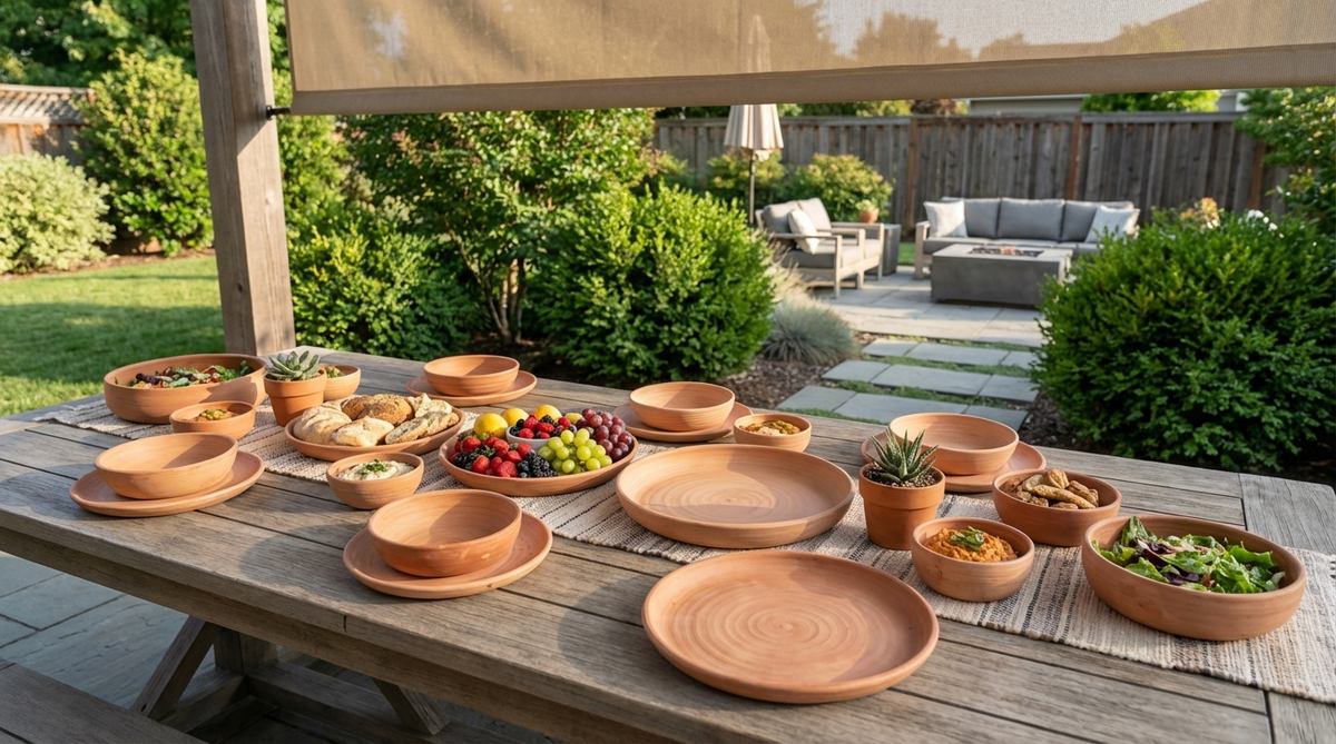 Handmade unglazed terracotta bowls, platters, and serving dishes with visible throwing marks and glaze variations, showcasing warm clay tones that provide a neutral backdrop for colorful foods at boho-themed parties. The porous material naturally regulates temperature, keeping foods at ideal serving conditions while adding artisanal craft quality to bohemian decorations.