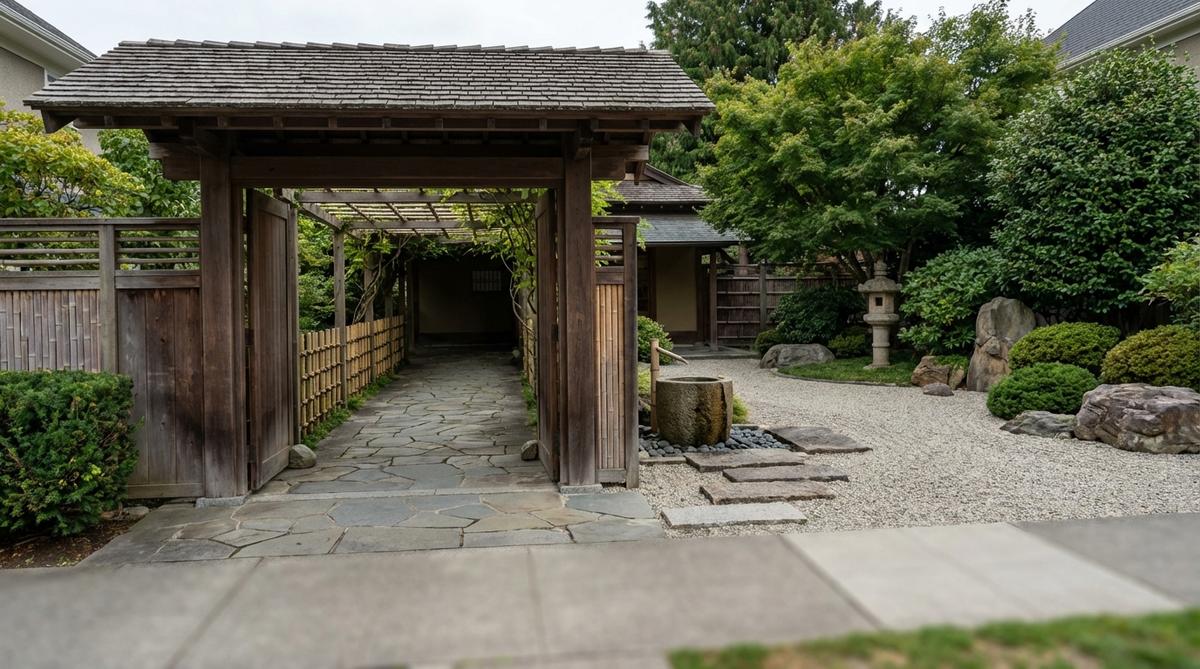 A visual representation of the layered threshold transition sequence in Japanese garden design, showing the progression from a solid entrance gate through a covered entry path to an open-air forecourt, illustrating the spatial compression and material changes that mark the passage from public street to private garden core.