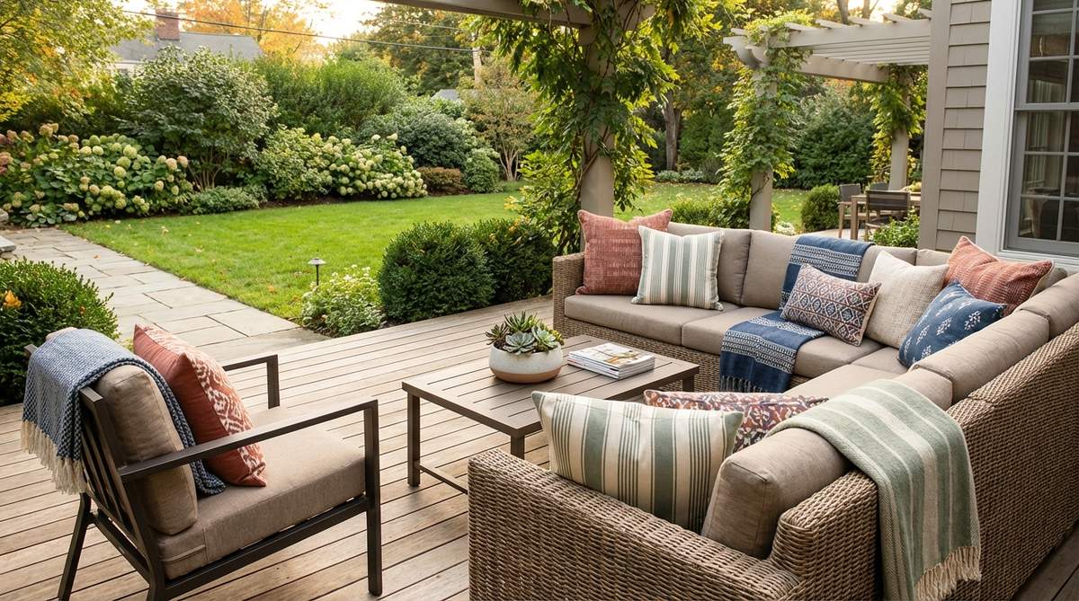 Stylish outdoor throw pillows and textiles arranged on deck furniture, featuring weather-resistant fabrics in coordinating patterns and colors for seasonal decor updates.