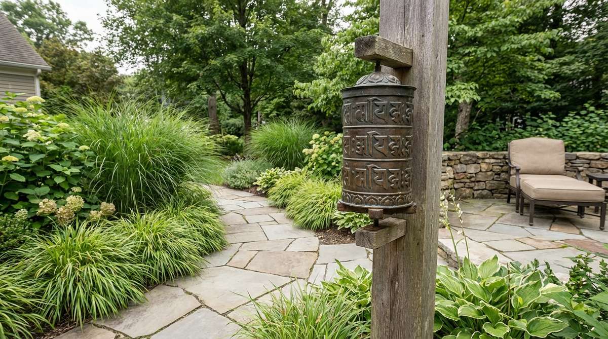 A decorative bronze Tibetan prayer wheel sculpture mounted on a post in a garden pathway. The cylindrical wheel features embossed mantras and can be rotated by visitors, combining spiritual symbolism with kinetic garden art. The sculpture shows authentic patina development and is positioned among plantings where rotation won't damage surrounding vegetation.
