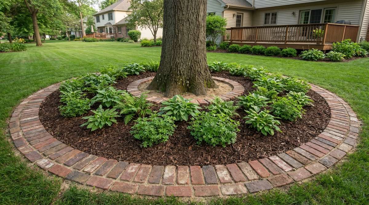 A circular brick border installed around a mature tree in a garden, protecting the root zone from mower damage while defining a clean mulch area. The bricks are set in sand without mortar to allow for proper gas exchange and water infiltration to the tree roots. The design includes a gap between the trunk and brick border to prevent bark damage, with shade-tolerant groundcovers planted within the circle to complete the aesthetic.