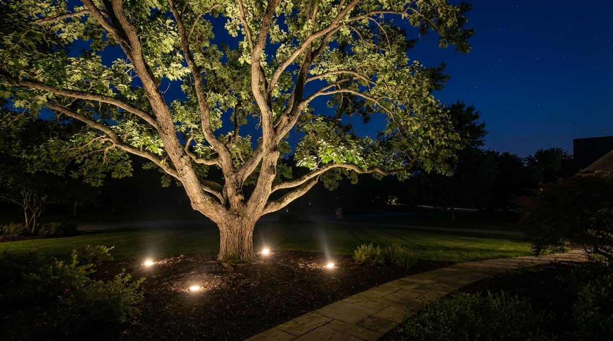 Professional garden lighting installation showing well lights positioned at the base of a tree, projecting upward beams through the canopy to highlight branching structure and foliage against a night sky. Demonstrates proper placement 12-18 inches from the trunk with multiple spots for balanced coverage.