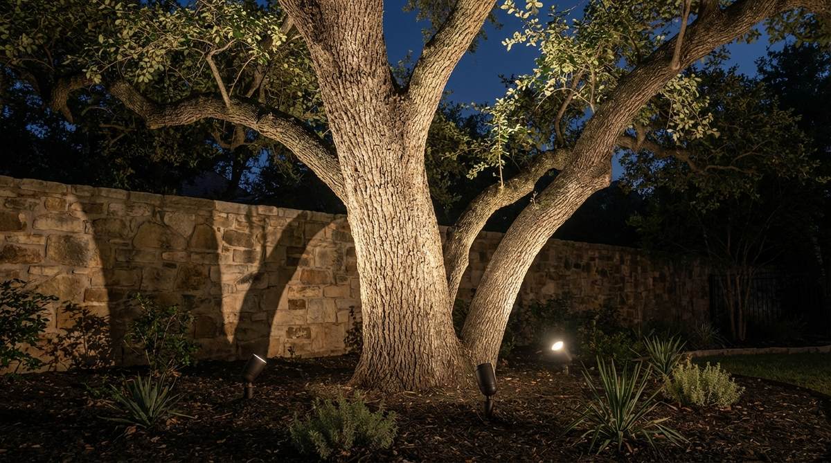 A dramatic outdoor lighting setup showing well lights installed at the base of a tree, casting upward illumination through branches to create striking shadows on vertical surfaces. The image highlights proper fixture positioning 18-24 inches from the trunk, with angled beams grazing bark texture to emphasize canopy architecture. Adjustable shrouds control light spill while composite housings demonstrate durability in acidic planting beds.