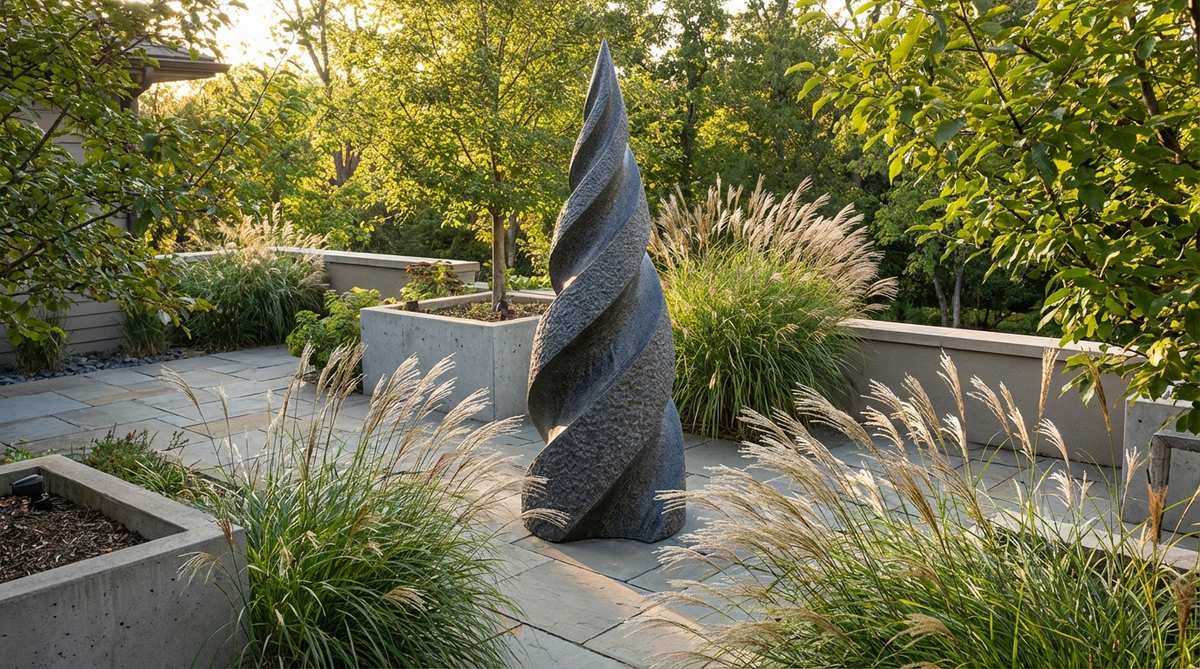 A dramatic spiral column stone statue carved from solid stone, featuring dynamic rotational movement that draws eyes upward. This sculptural vertical piece anchors modern courtyards and serves as an exclamation point in minimalist garden compositions, often paired with architectural grasses like miscanthus to echo its vertical thrust.