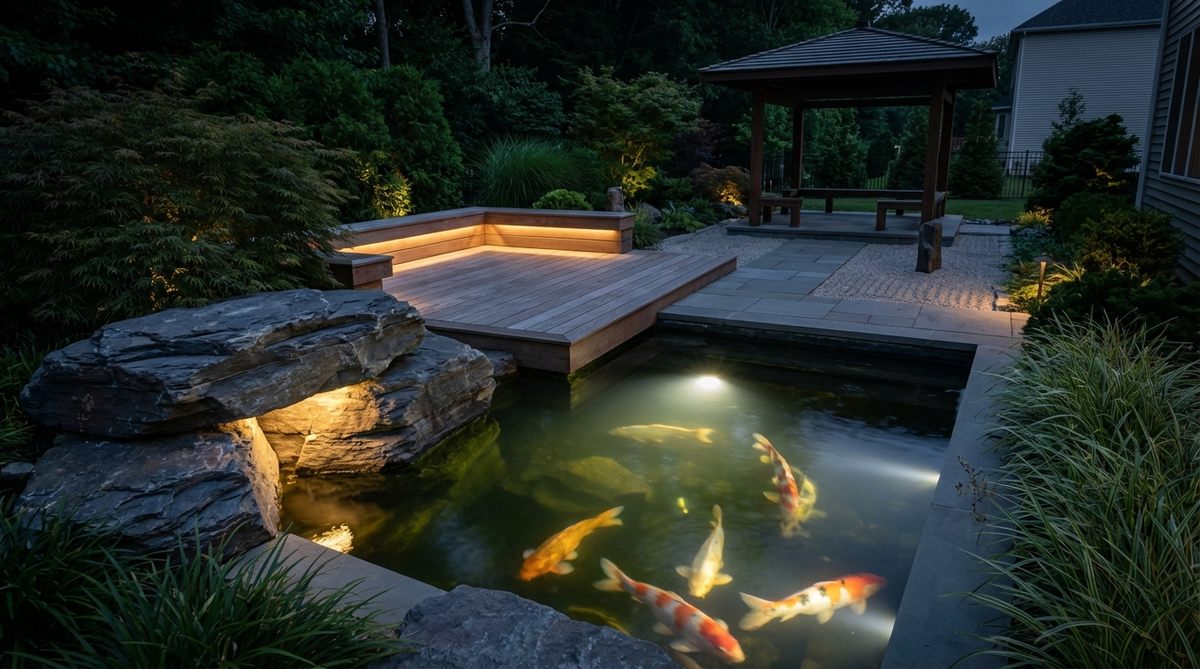 Submersible LED fixtures illuminating a water feature from within, creating glowing focal points and revealing koi movement after dark in a modern Japanese garden. Lights positioned to uplight water surfaces from below and sidelight architectural features like stone arrangements.