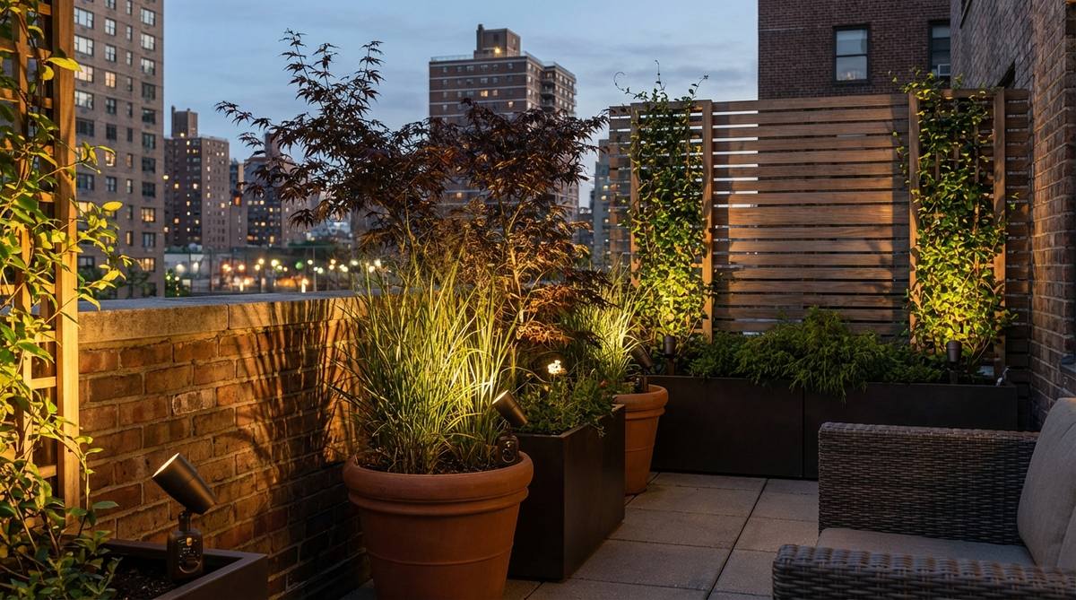 Battery-operated spotlights positioned at container bases cast dramatic shadows of plant silhouettes onto balcony walls in a New York City balcony garden. The image shows architectural plants like Japanese maple, ornamental grasses, and vertical trellises highlighted by adjustable warm bronze or black fixtures with timer functions for automated lighting schedules.